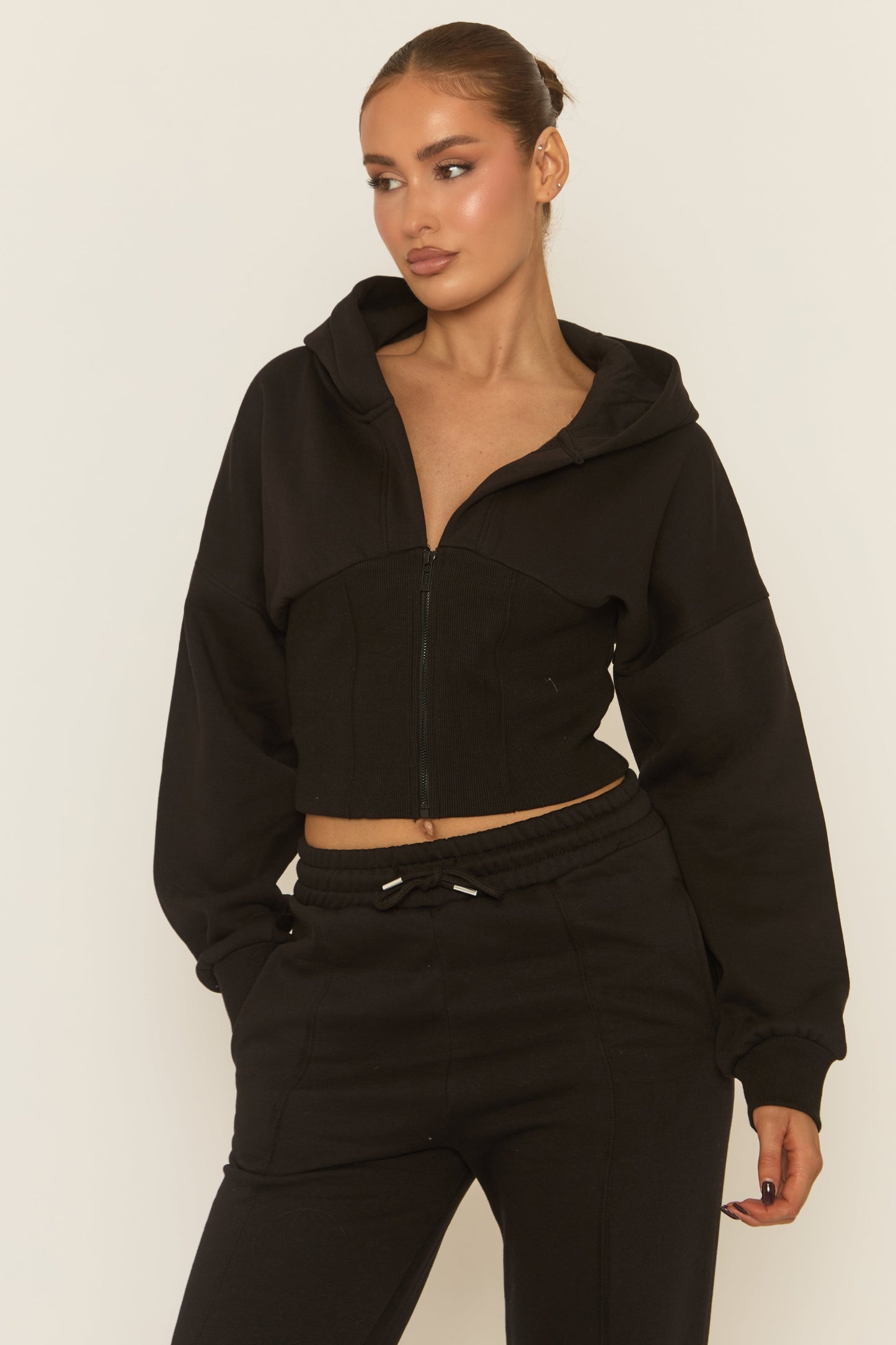 Black Corset Fit Hoodie and Jogger Loungewear Set - Arria