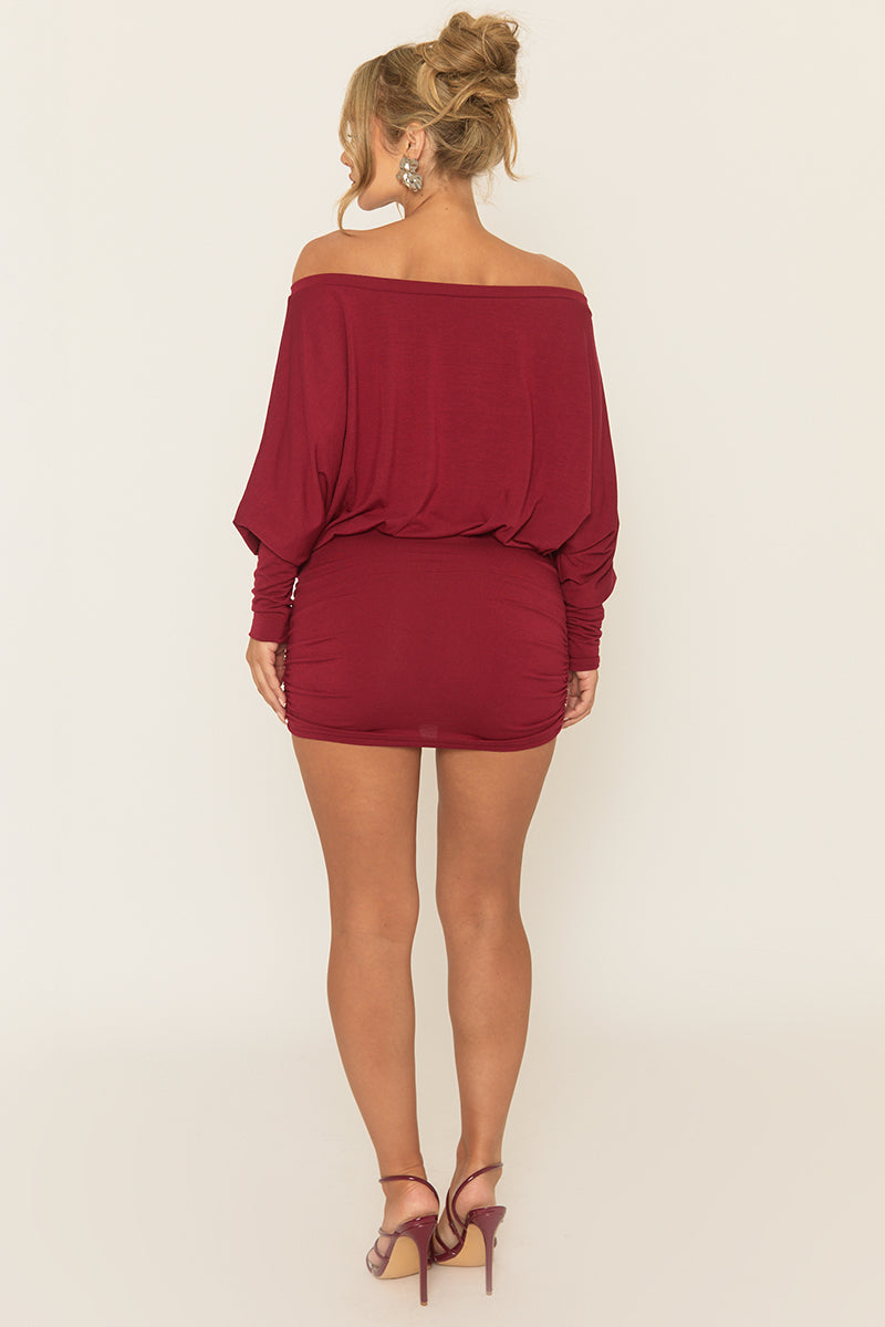Wine Batwing Bardot Mini Dress - Clarice