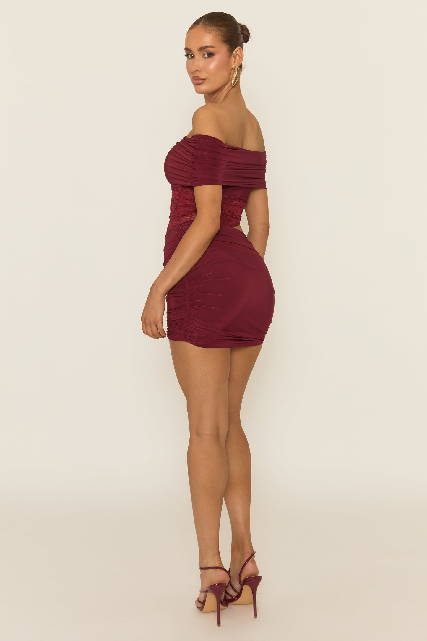 Wine Lace Bardot Top and Mini Skirt Co-ord Set - Mareen