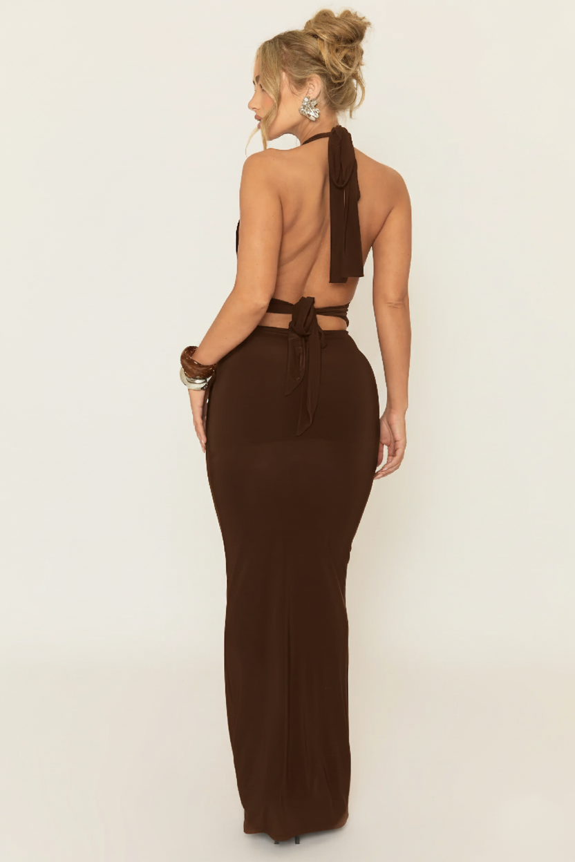 Chocolate Halterneck Tie Back Maxi Dress - Amalfie
