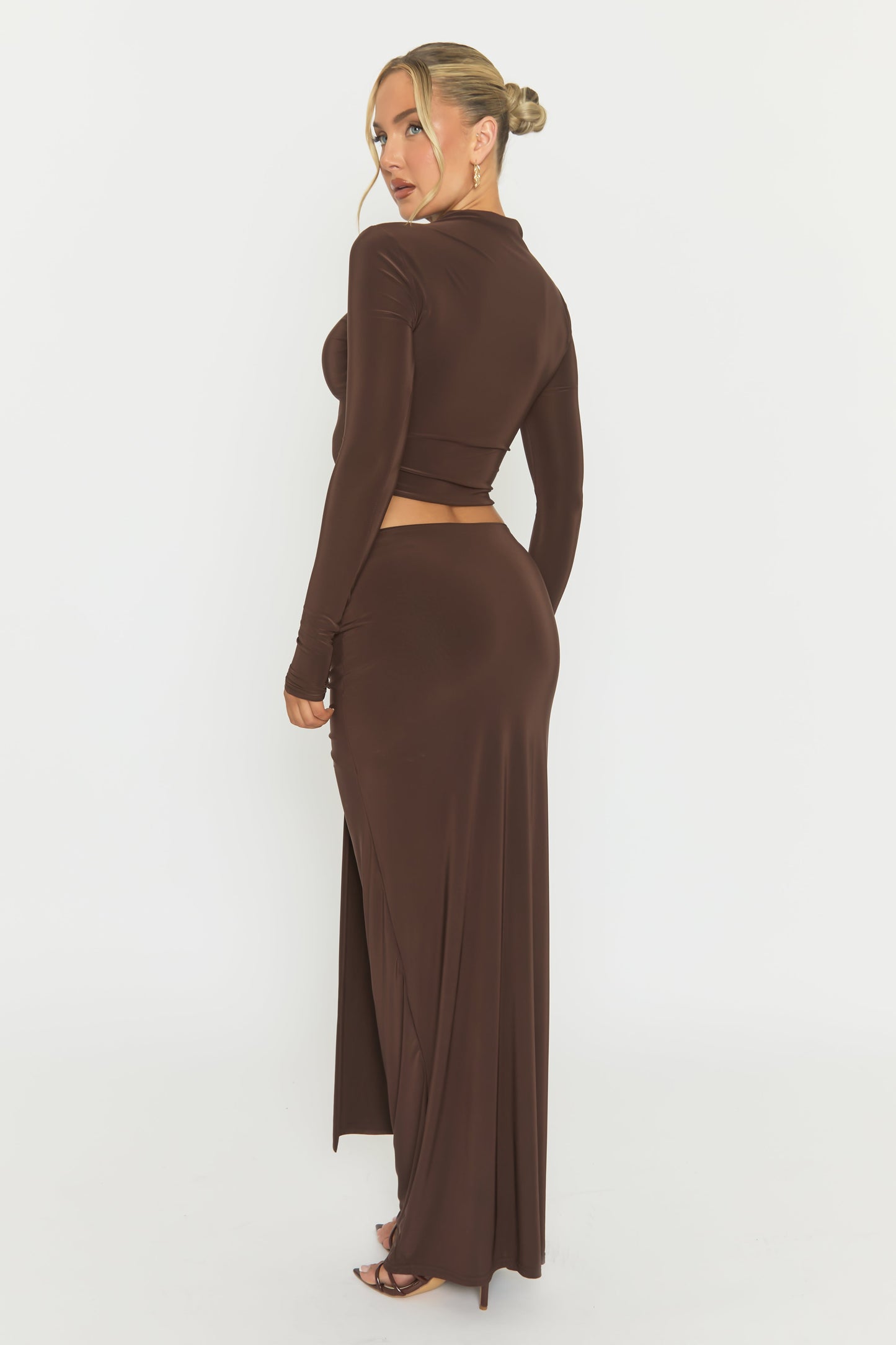 Chocolate Long Sleeve Top and Drape Maxi Skirt Co-ord Set - Yanna