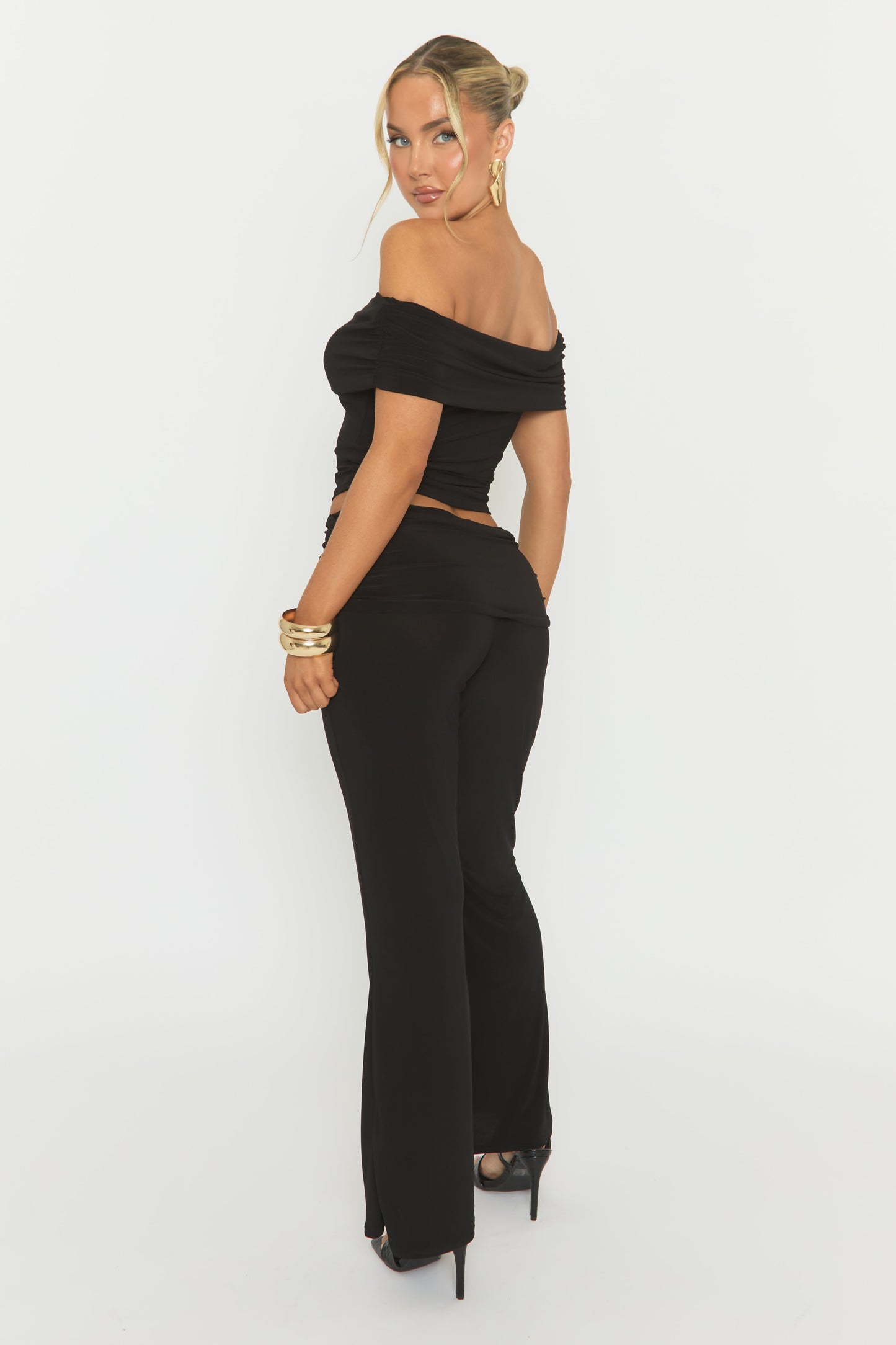 Black Bardot Top and Fold Over Waistband Trousers Co-ord Set - Jeelan