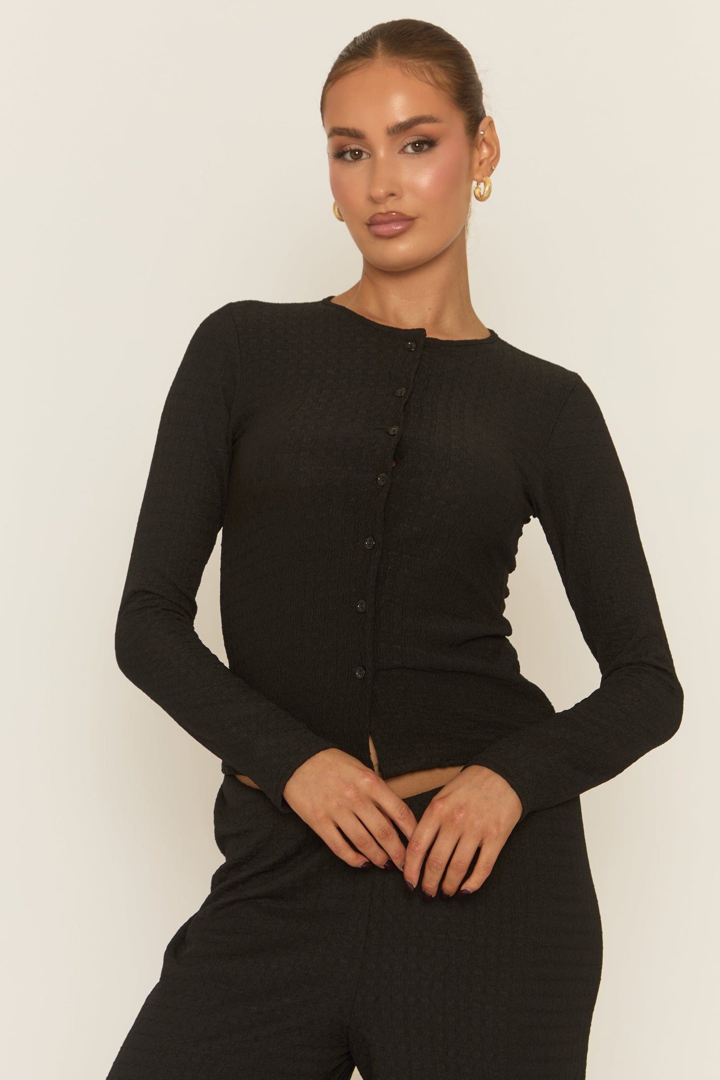 Black Crinkle Button Down Top And Trouser Loungewear Co-ord Set - Jasleen