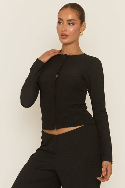Black Crinkle Button Down Top And Trouser Loungewear Co-ord Set - Jasleen
