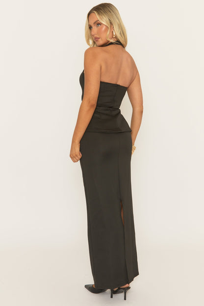 Black Tailored Halter Top and Maxi Skirt Co-Ord Set - Allia
