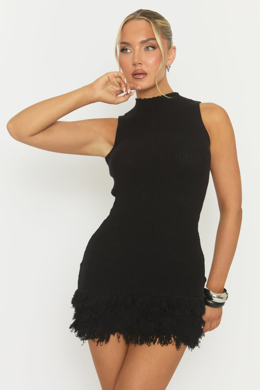 Black Fringed Hem Knit Mini Dress - Rebekka
