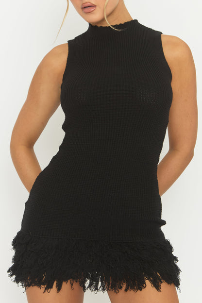 Black Fringed Hem Knit Mini Dress - Rebekka