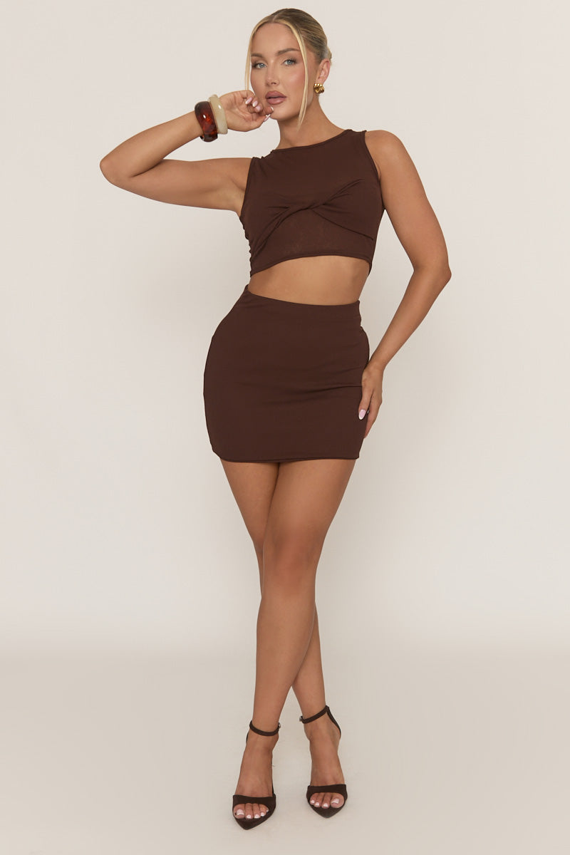 Chocolate Twist Front Crop Top And Mini Skirt Co-ord Set - Elizia
