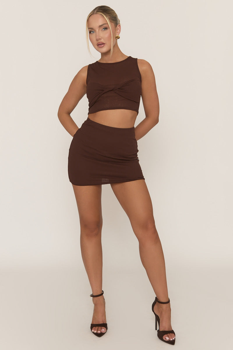 Chocolate Twist Front Crop Top And Mini Skirt Co-ord Set - Elizia