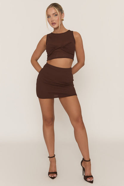Chocolate Twist Front Crop Top And Mini Skirt Co-ord Set - Elizia