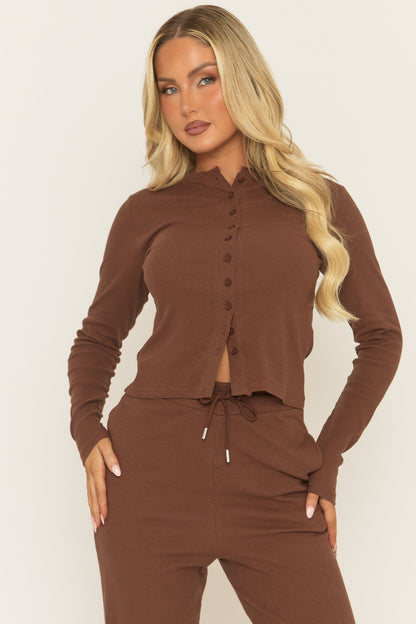 Chocolate Button Front Long Sleeve Top and Trouser Loungewear Set - Izzabelle