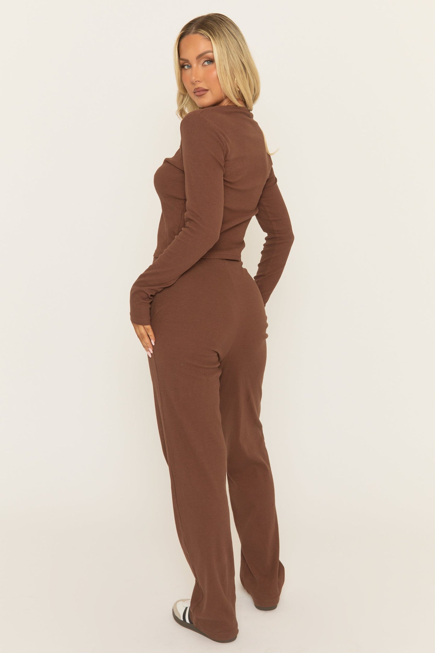 Chocolate Button Front Long Sleeve Top and Trouser Loungewear Set - Izzabelle