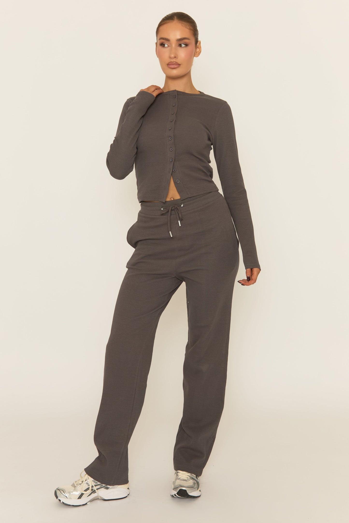 Slate Grey Button Front Long Sleeve Top and Trouser Loungewear Set - Izzabelle