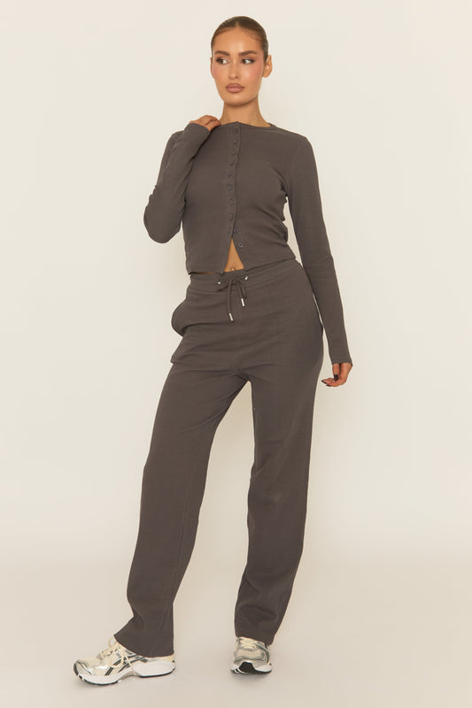 Slate Grey Button Front Long Sleeve Top and Trouser Loungewear Set - Izzabelle