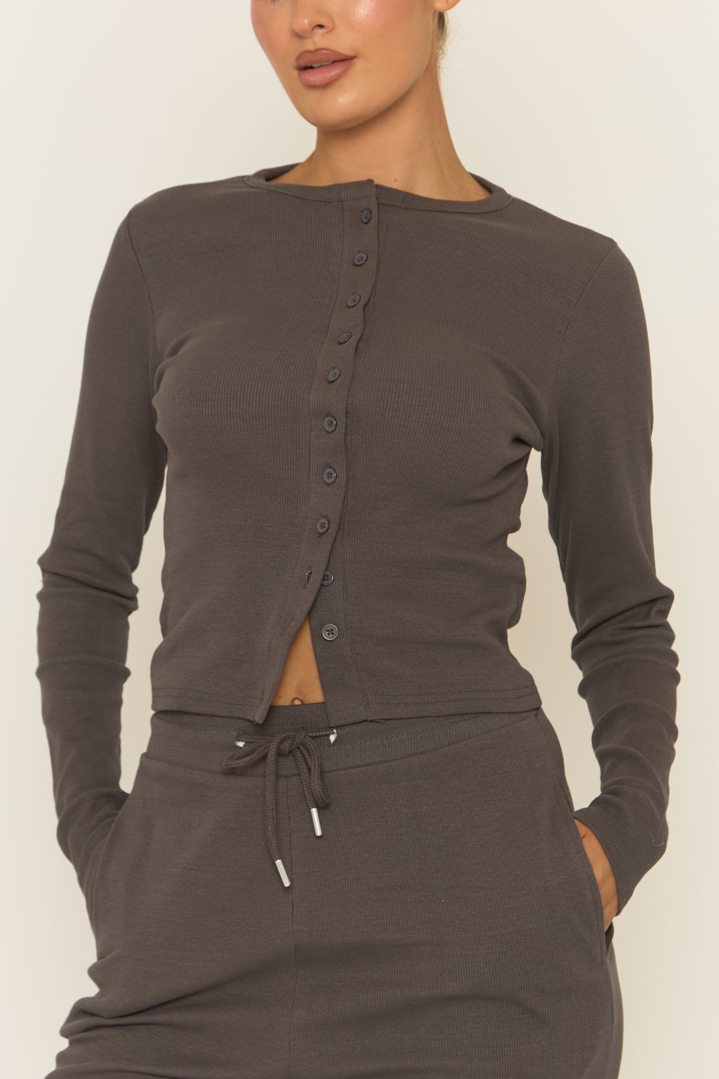 Slate Grey Button Front Long Sleeve Top and Trouser Loungewear Set - Izzabelle