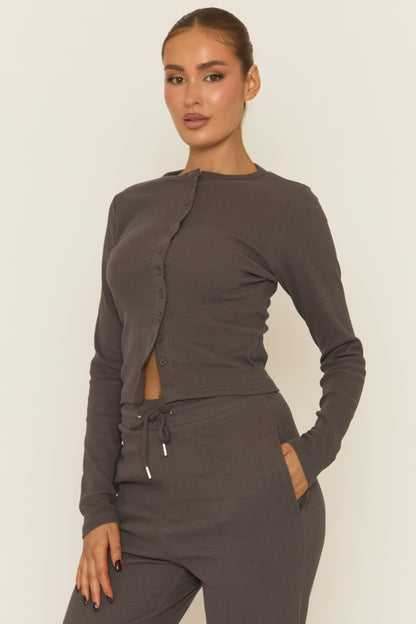 Slate Grey Button Front Long Sleeve Top and Trouser Loungewear Set - Izzabelle