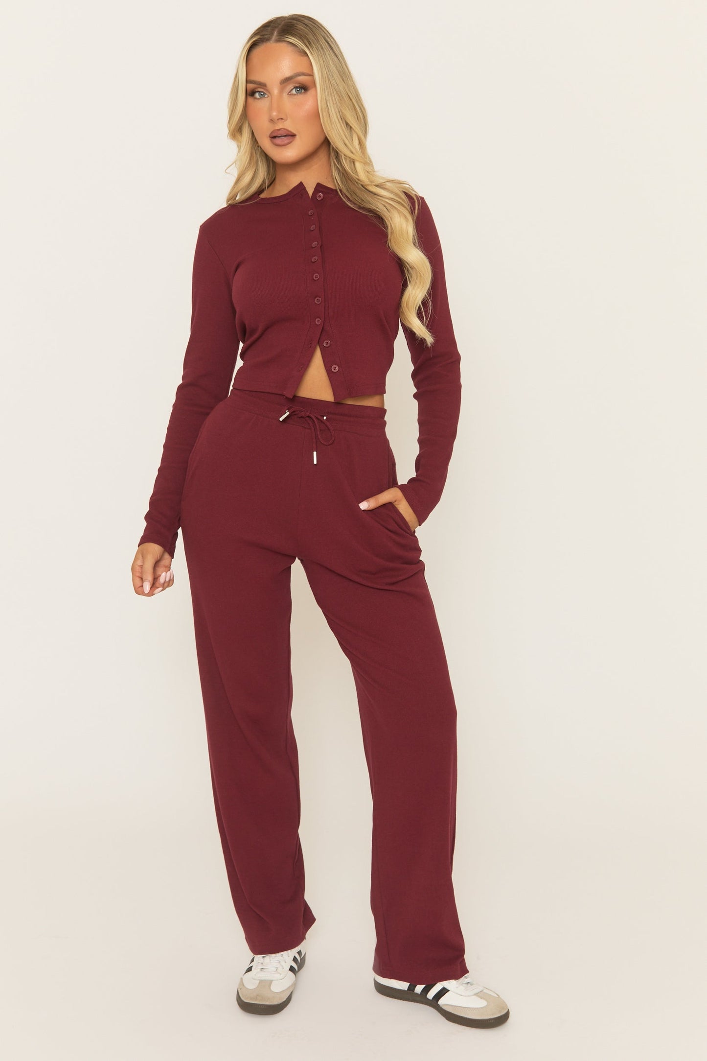 Wine Button Front Long Sleeve Top and Trouser Loungewear Set - Izzabelle