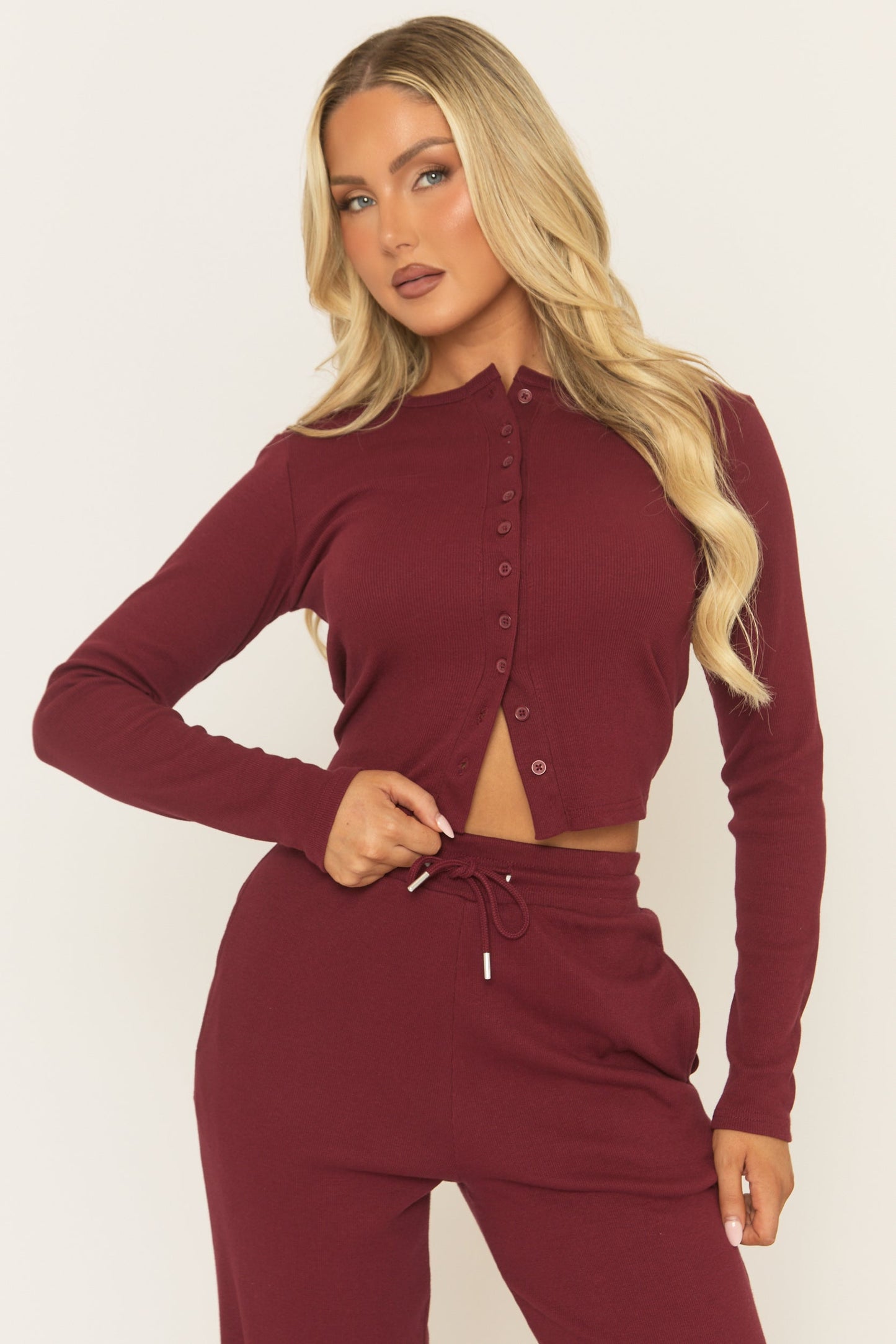 Wine Button Front Long Sleeve Top and Trouser Loungewear Set - Izzabelle