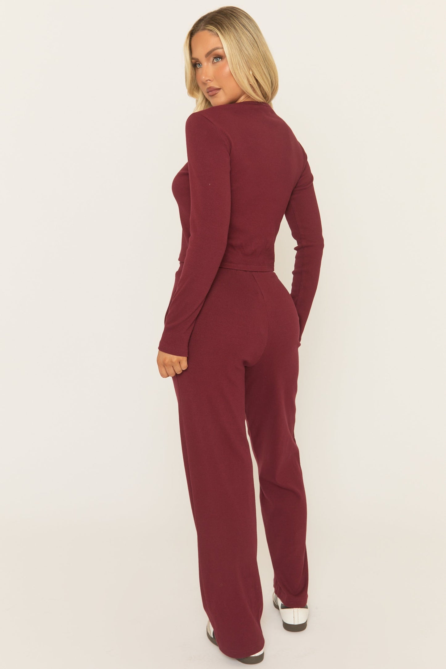 Wine Button Front Long Sleeve Top and Trouser Loungewear Set - Izzabelle