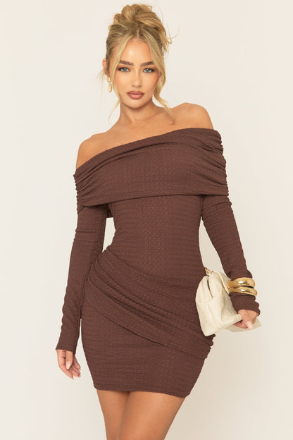 Chocolate Crinkle Bardot Drape Mini Dress - Albian