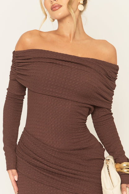 Chocolate Crinkle Bardot Drape Mini Dress - Albian