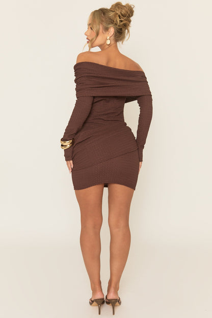 Chocolate Crinkle Bardot Drape Mini Dress - Albian