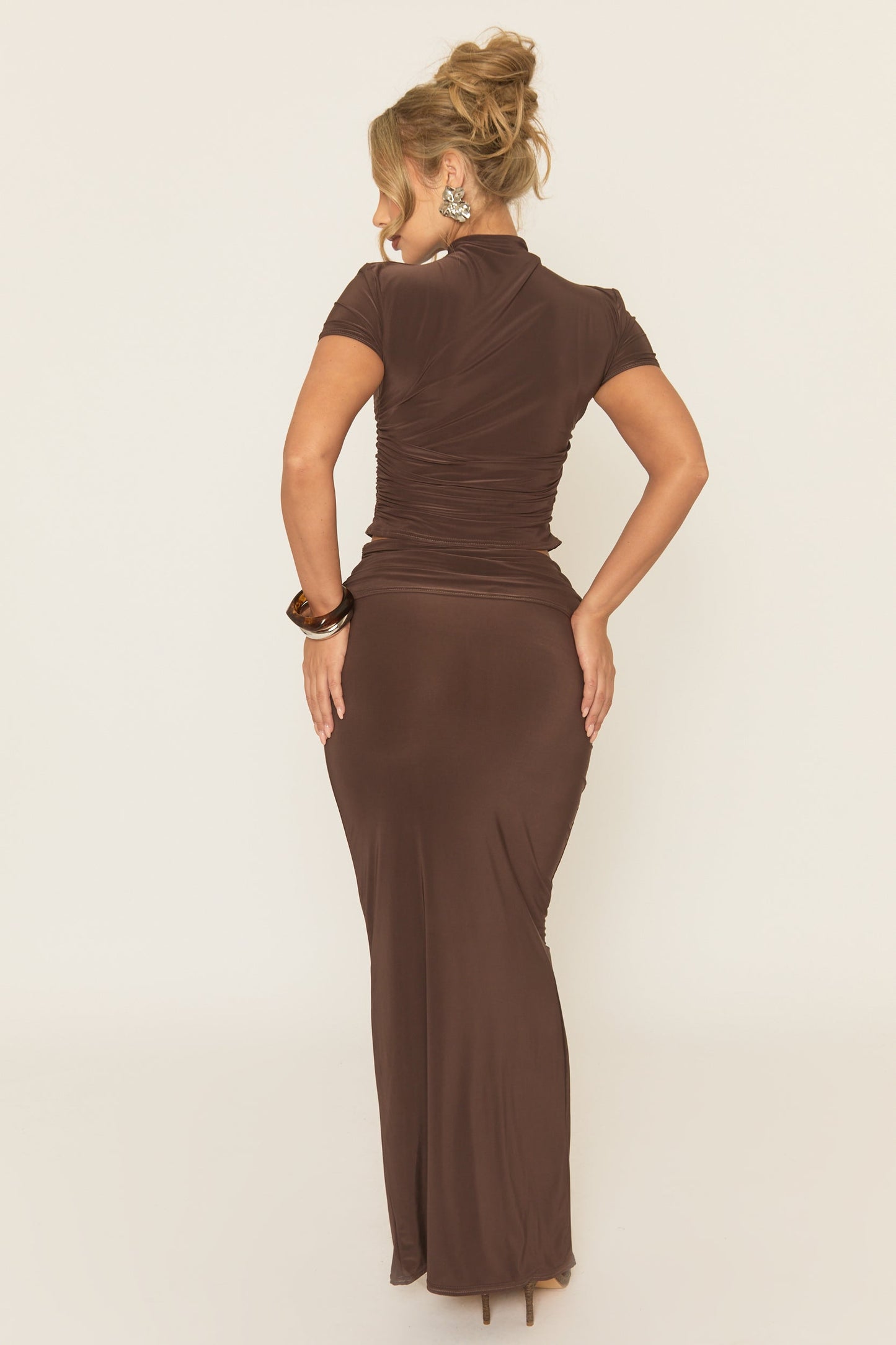 Chocolate Cap Sleeve T-Shirt and Maxi Skirt Co-ord Set - Sinda