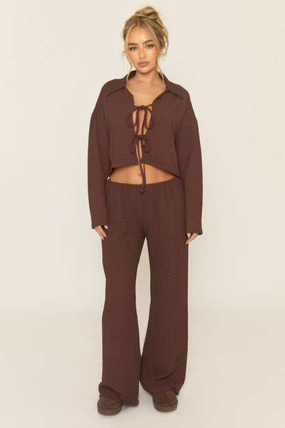 Chocolate Crinkle Tie Front Top and Wide Leg Trouser Co-Ord - Aveena
