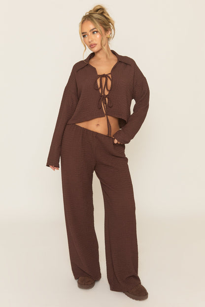 Chocolate Crinkle Tie Front Top and Wide Leg Trouser Co-Ord - Aveena