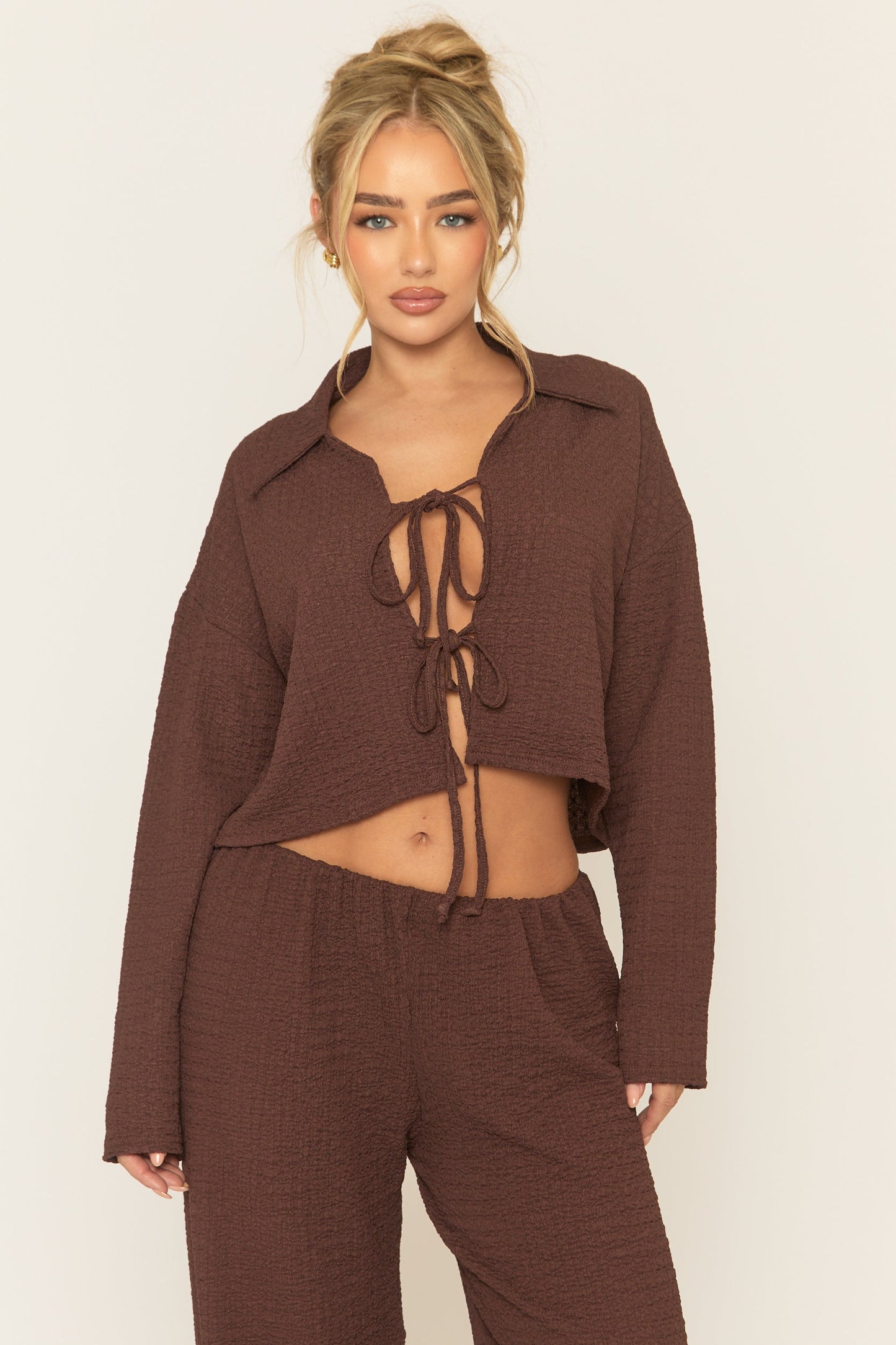 Chocolate Crinkle Tie Front Top and Wide Leg Trouser Co-Ord - Aveena