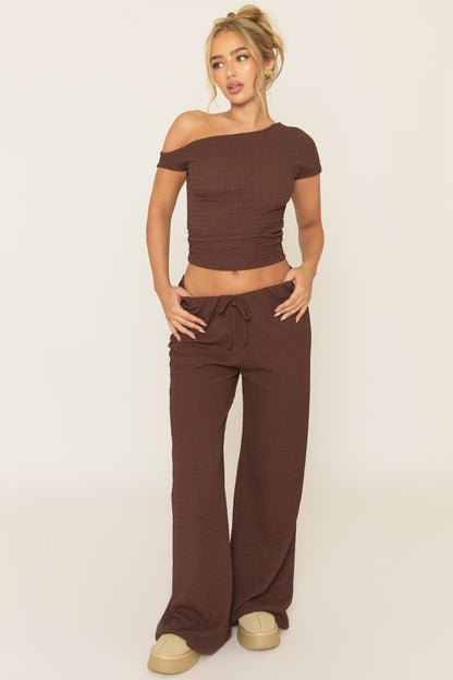 Chocolate Crinkle Asymmetric Top and Drawstring Trouser Co-ord - Seeha