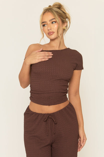 Chocolate Crinkle Asymmetric Top and Drawstring Trouser Co-ord - Seeha
