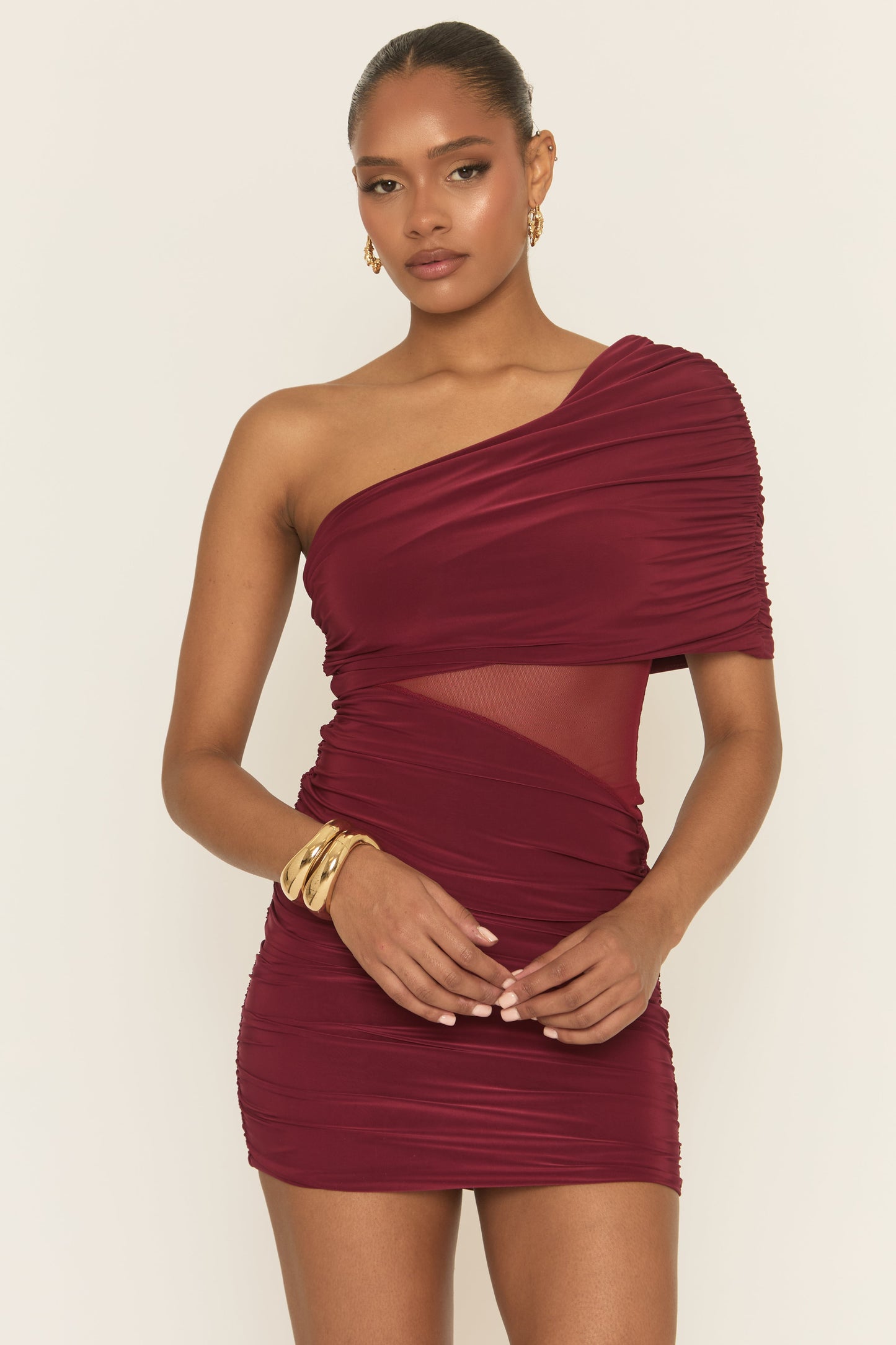 Wine Mesh Drape Front Mini Dress - Payne