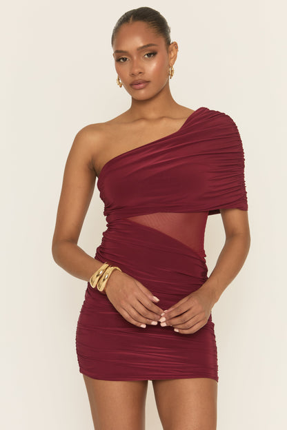 Wine Mesh Drape Front Mini Dress - Payne