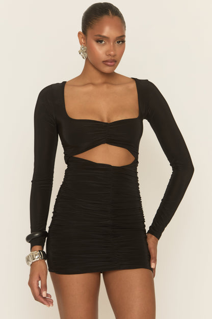 Black Cut Out Ruched Long Sleeve Mini Dress - Sorelle