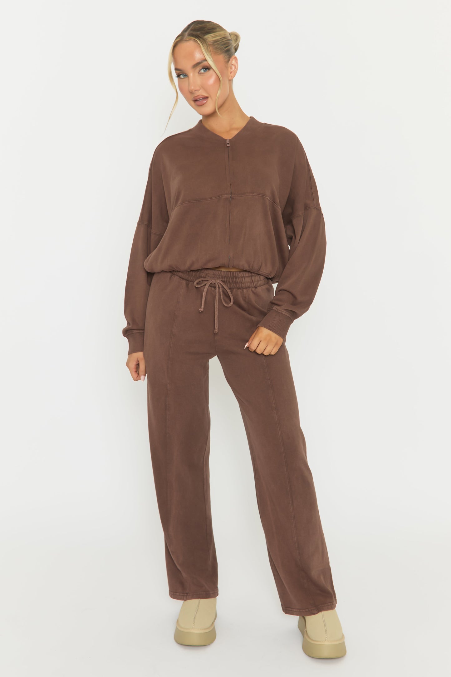 Chocolate Acid Wash Bomber and Wide Leg Jogger Loungewear Set - Macay