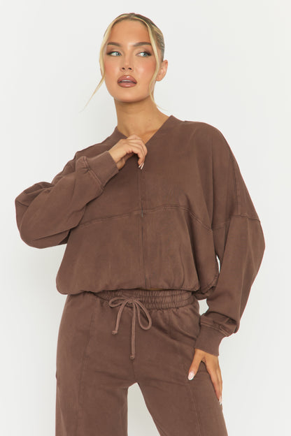 Chocolate Acid Wash Bomber and Wide Leg Jogger Loungewear Set - Macay