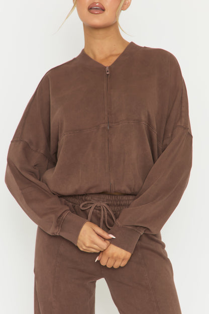 Chocolate Acid Wash Bomber and Wide Leg Jogger Loungewear Set - Macay