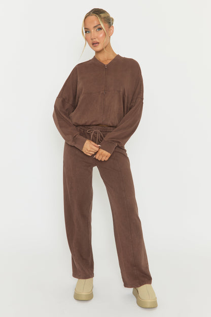 Chocolate Acid Wash Bomber and Wide Leg Jogger Loungewear Set - Macay