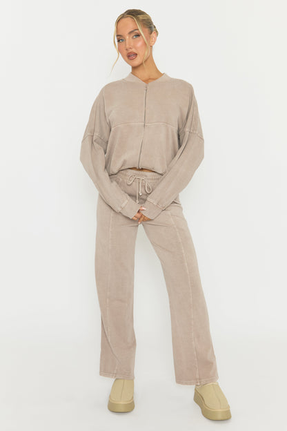 Dove Grey Acid Wash Bomber and Wide Leg Jogger Loungewear Set - Macay