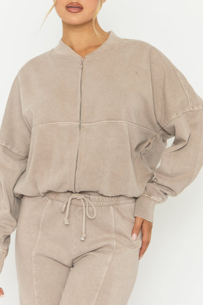 Dove Grey Acid Wash Bomber and Wide Leg Jogger Loungewear Set - Macay