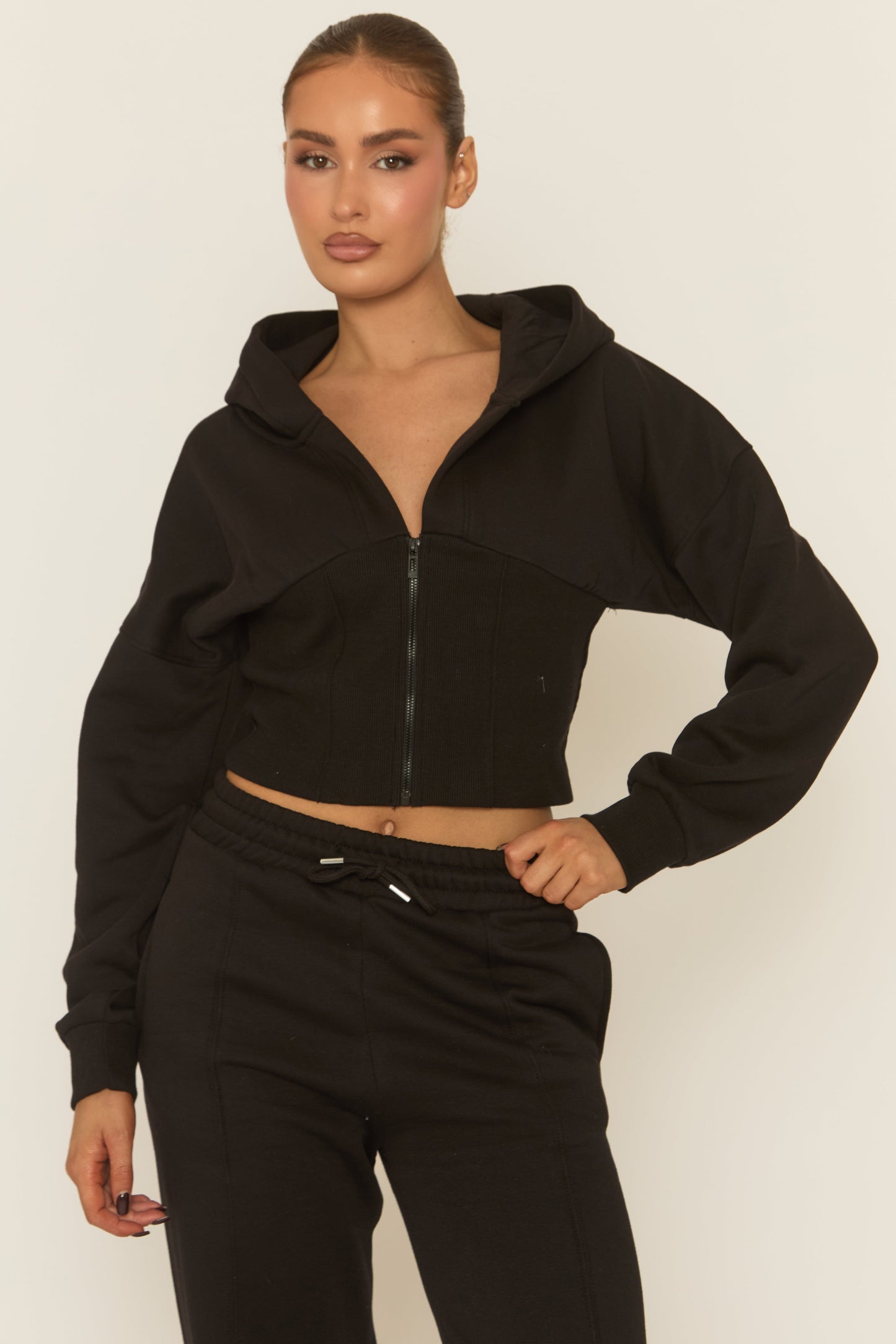 Black Corset Fit Hoodie and Jogger Loungewear Set - Arria