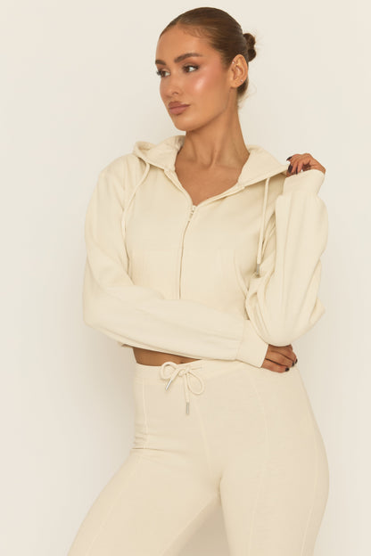 Cream Skinny Flare and Zip Through Hoody Lounge Set - Goldie