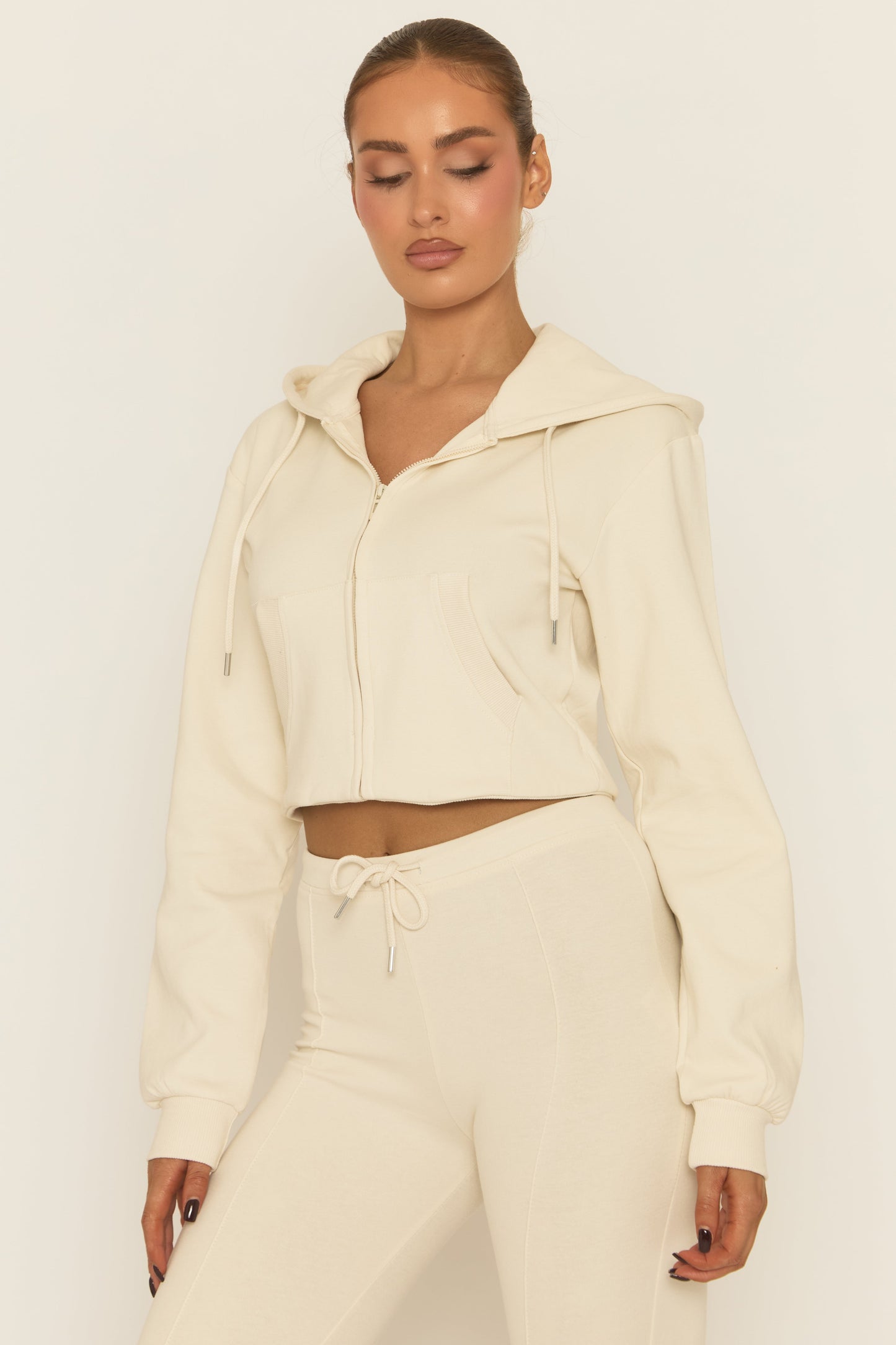 Cream Skinny Flare and Zip Through Hoody Lounge Set - Goldie