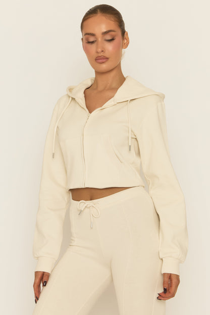 Cream Skinny Flare and Zip Through Hoody Lounge Set - Goldie