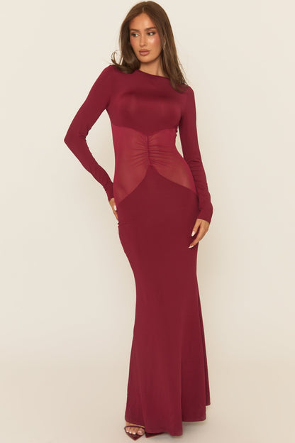 Wine Long Sleeve Mesh Insert Maxi Dress - Marnia