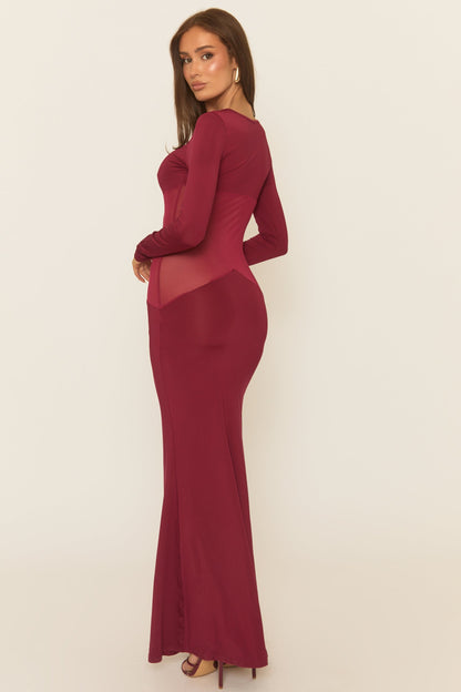 Wine Long Sleeve Mesh Insert Maxi Dress - Marnia