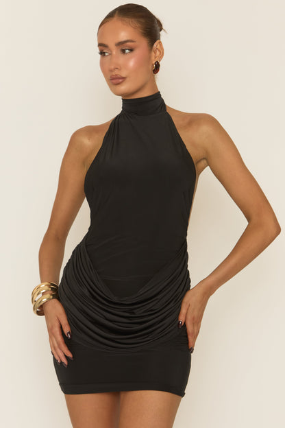 Black Drape Front Halter Mini Dress - Carren