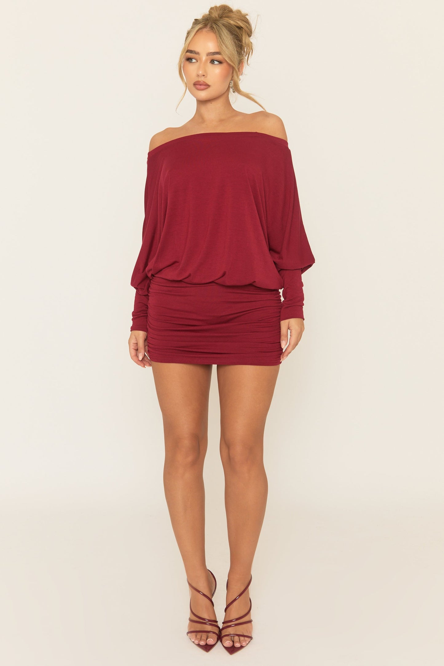 Wine Batwing Bardot Mini Dress - Clarice