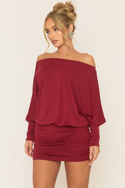 Wine Batwing Bardot Mini Dress - Clarice